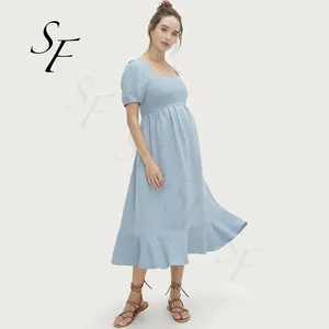 Star Fashion Wholesale Custom Sweet Mid Length Puff Sleeve Maternity Clothes casual Dress For Pregnant women