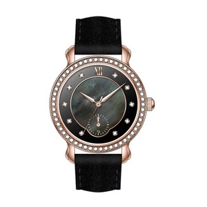 Quartz Coin Watch for Women Iridescent Glass Dial Paved Crystal <b>Case</b> Soft Black Suede Band Mini Subdial Office Wear - Product Image 4