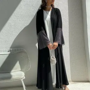 블랙 터키 두바이 단색 체크 무늬 메쉬 디자인 작은 빛나는 구슬 기모노 아랍 여성 Abayas