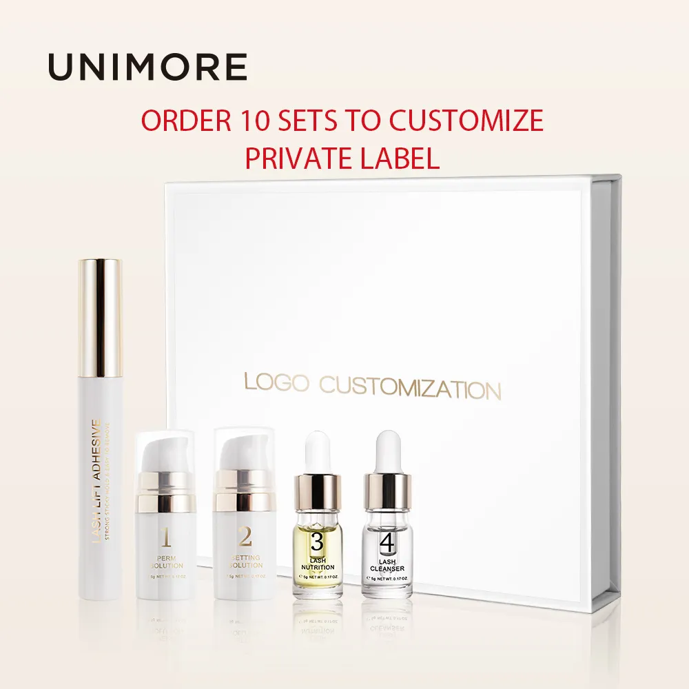 Unimore Order 10 Sets zum Anpassen von Private Label Fast Perm für bis zu drei Monate Lash Curl Lifting Wimpern Wimpern Perm Kit