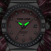 Montre pour femme en acier inoxydable de luxe avec logo personnalisé, mouvement à quartz original, aiguilles lumineuses, échelle de diamants, date, pour femmes