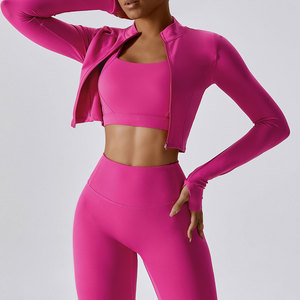 Logo personalizzato vita alta veloce asciutto <span class=keywords><strong>sostenibile</strong></span> <span class=keywords><strong>abbigliamento</strong></span> sportivo tre pezzi palestra Fitness davanti cerniera Yoga set per le donne - Product Image 1