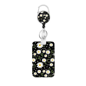 In stock: Black background with white daisy floral pattern, detachable neckband, badge scroll, vertical ID card holder. - Product Image 5