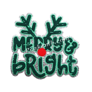 Toppa Ricamata Personalizzata 'Merry & Bright' <span class=keywords><strong>con</strong></span> Bordo in Glitter <span class=keywords><strong>Argento</strong></span> e Perline su Tessuto in Tela per Cappelli - Product Image 2