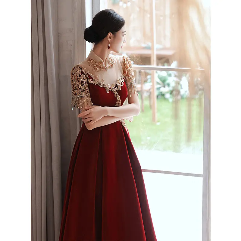 Chinese Style Fashion Simple Vintage Dignified Bride Female Velvet Red Elegant Formal Wedding Party Dress