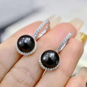 Pendientes de Perlas de Tahití, Plata 925 con Baño de Rodio, Perla Cultivada Negra Redonda AAA, Engaste en Bisel, Joyería de Lujo para Mujer, para Fiestas - Product Image 4