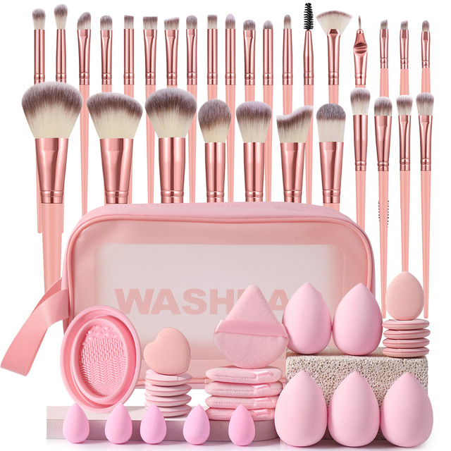 57-Piece Super Badger Makeup Brush Set Angular Blush Design Synthetic Hair for Face Application Includes Wash Bag Powder Puff