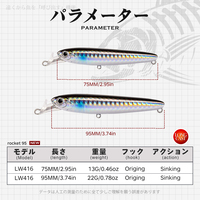 Leurre de pêche artificiel rigide type crayon coulant 75mm 13g 95mm 22g pour la pêche au bar, à la truite et en eau salée