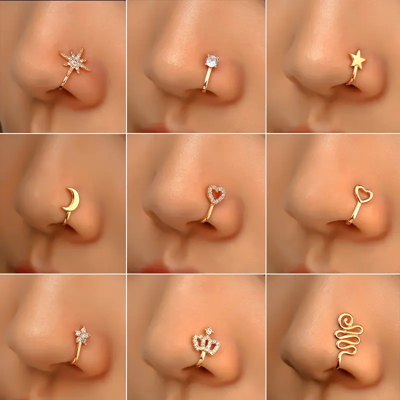 Wholesale Fashion Heart Star Zircon Faux Fake Nose Cuff Piercing Body Jewelry Nose Cuffs Clip On Hinged Gold Nose Ring for Women