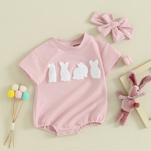 Newborn Baby <strong>Girl</strong> <strong>Outfit</strong> My First Easter Clothes Embroidered <strong>Bunny</strong> Sweatshirt Easter Oversized Baby Romper with Headband - Product Image 4