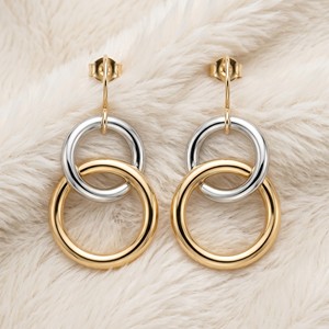 Pendientes Colgantes de Doble Círculo Entrelazado, Chapados en Oro y Plata de Dos Tonos, Diseño OEM/ODM, Joyería de Moda para Mujer, Venta al Por Mayor - Product Image 2
