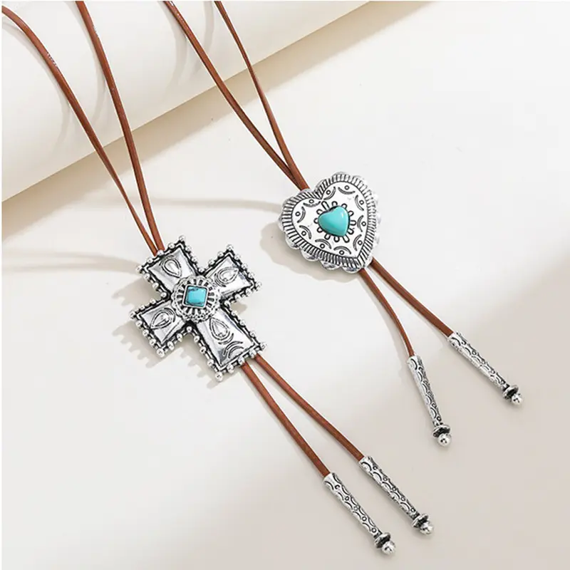 KOMI Colar de prata com pingente de coração e cruz turquesa vintage, colar longo de amor e cordão de couro fashion para mulheres e meninas