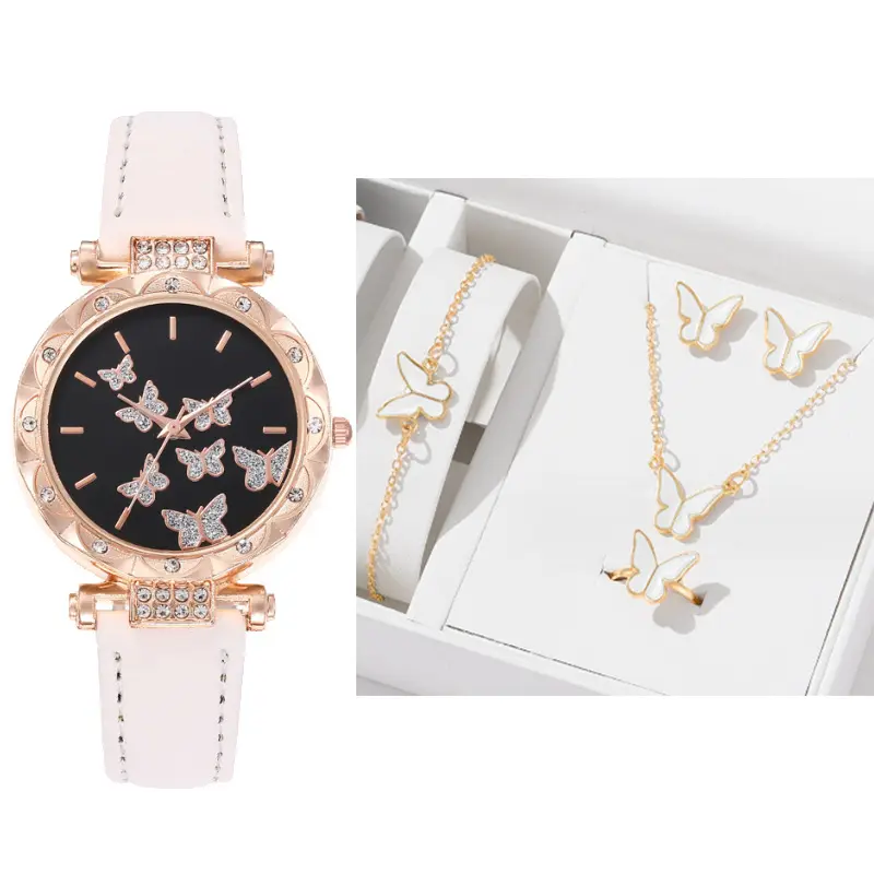 Horloge Sieraden Luxe Cadeau Set Mode 5 Stks/set Ring Oorbel Armband Ketting Vlinder Set Horloges Designer Dames Voor Vrouwen