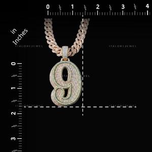 Hiphop 18K <b>Gold</b> Plated 925 Silver Moissanite <b>Number</b> 9 Channel Set Unisex Micro Insert Round Brilliant Cut Everyday Wear Charm - Product Image 2