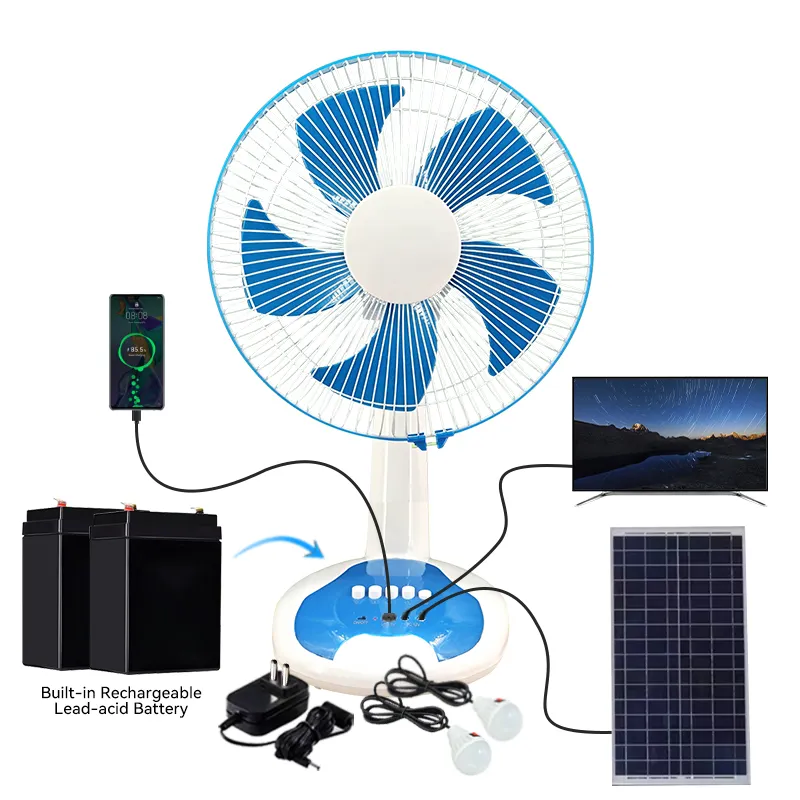 AC DC Backup TV Rechargeable 12V Battery Plus Solar Inverter System 16 Inch Powered Cooling Solar Electric Fan with Light