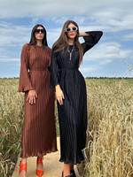Robe longue plissée pour femme, style européen et américain, décontractée, couleur unie, manches évasées, col, Abaya musulmane, collection Printemps-Automne 2025