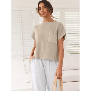 FOXA Conjunto de pantalones blancos con bolsillo y top corto sin mangas de punto para mujer, ropa para viajes de verano, ropa de vacaciones en la playa - Product Image 6
