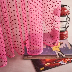 Soft Hexagonal Net Tulle Rose Red Hearts Flocked Mesh Fabric For Woman Fashion Garment