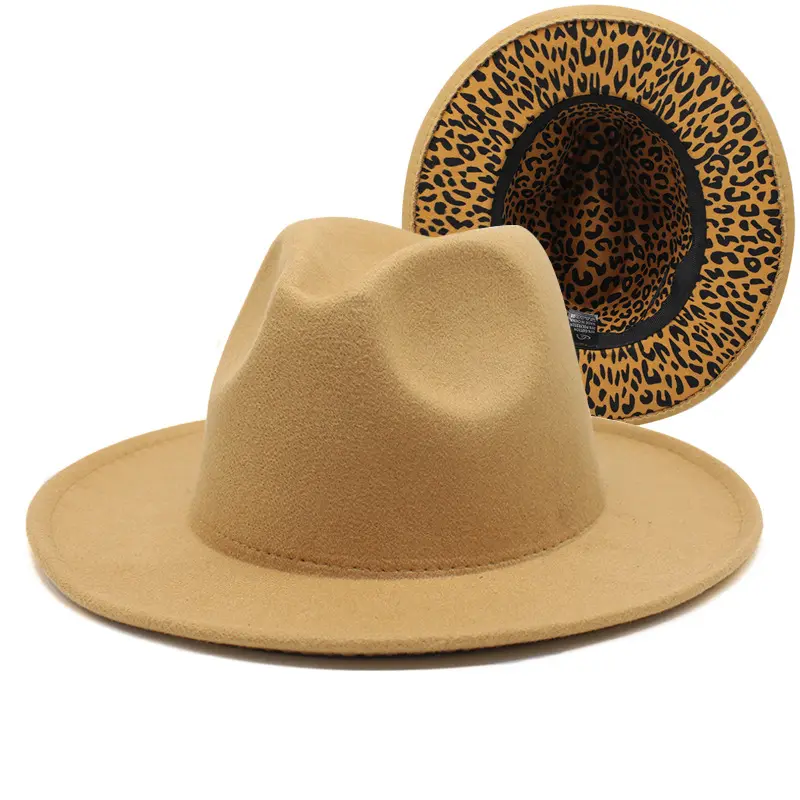 TwoTone Felt Fedora Panama Hats for Women Men Wide Brim Black Leopard Patchwork Fedora Jazz Cap