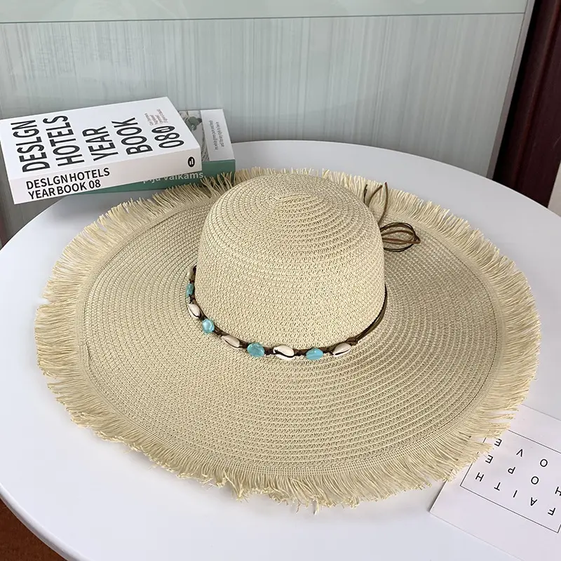High Quality Cheap Wide Brim Anti-Ultraviolet Shell Decoration White Khaki Black Women Sun Hat Straw Hat