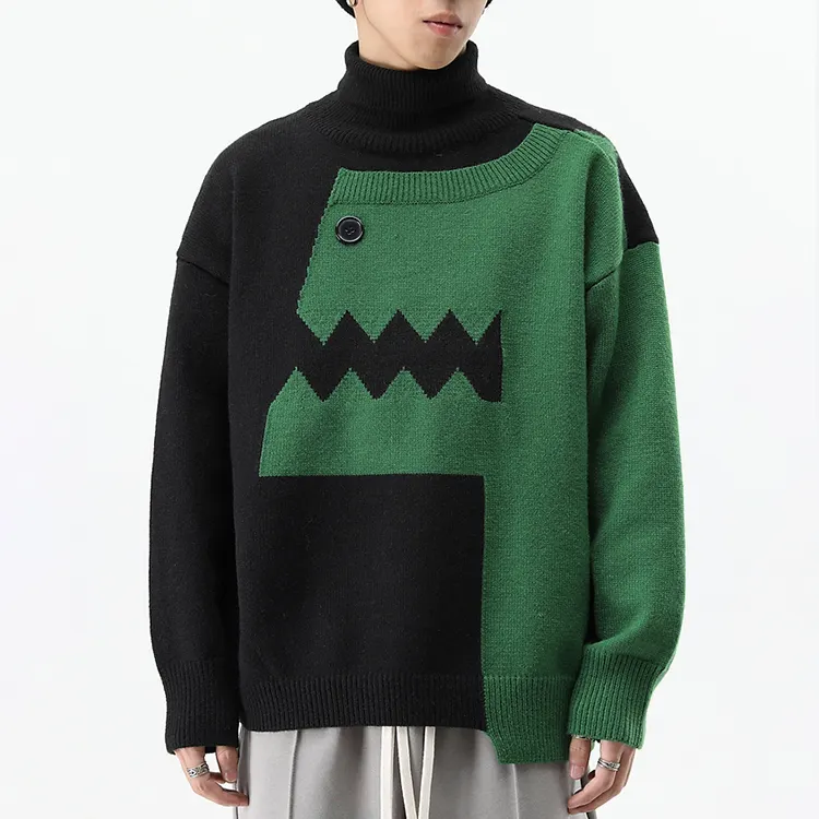 Men Sweaters Jacquard Letter Turtleneck Pullover Knitwear Cartoon Dinosaur Crocodile Wool Oversized Style Long Knit Sweater