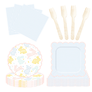 DAMAI Easter Party Theme Decor Bulk Wholesale Set Blue Check Easter Rabbit Paper Plates <b>Tablecloth</b> Party Disposable Tableware - Product Image 2
