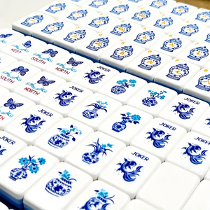 Juego Completo de Mahjong Americano de Lujo, Estilo Porcelana Azul y Blanca, 4 Capas, Patas Metálicas Plegables, Embalaje Portátil Ecológico, Auténtico - Product Image 5