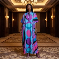 Robe longue Abaya Kaftan Bubu en polyester soyeux à manches chauve-souris et motif abstrait turquoise, fabriquée en usine OEM pour femmes