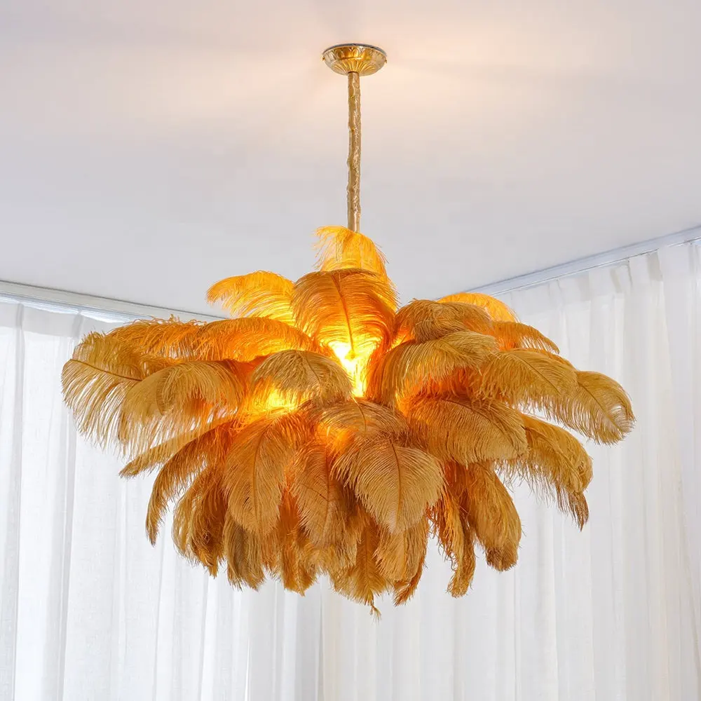 Kleurrijke Aangepaste Luxe Veren Kroonluchters Voor Villa Huisdecoratie Gouden Struisvogel Veer Kroonluchter Messing Hanglampen