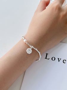 Dylam Stylish Fashion Fine Jewelry Women 925 Sterling Silver Rhodium Plated Bamboo Joint Chain <b>Bead</b> Circle Pendant <b>Bracelets</b> - Product Image 3