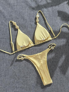 Conjunto de Bikini Sexy con Tanga para Mujer RUIQUWIN, Color Sólido, con Cuentas y Cordón Ajustable, Ecológico, con Logotipo Frontal, Traje de Baño para Playa, Piscina y Vacaciones - Product Image 3