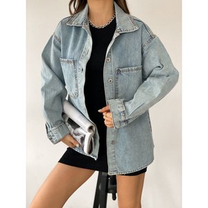 DEFILE Camisa Chaqueta Vaquera Oversize de Doble Bolsillo para Mujer, 100% Algodón Estilo Casual, Verde Guisante Manga Larga con Botones - Product Image 4