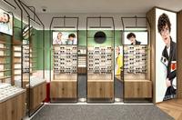Trendige Mode-Sonnenbrillen Wandmontierte Eisen-Holz-Vitrine LED-Beleuchteter Optiker-Ausstellungsschrank