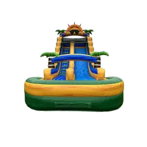 Commercial Backyard Palm Tree Jumping Bouncer Marble Tropical Waterslide Combo Bounce House Inflatable Water Slide With Pool