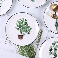 Assiette en céramique minimaliste nordique, résistante au micro-ondes et au lave-vaisselle, motif végétal, forme ronde, pour les repas d'hôtel