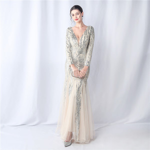 Nuovo Abito da Sera di Alta Qualità con Paillettes a Rete, <span class=keywords><strong>Maniche</strong></span> <span class=keywords><strong>Lunghe</strong></span>, Scollo a V e Silhouette a Sirena - Product Image 3