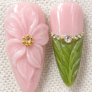 เล็บปลอมแบบกดติดลายดอกไม้ 3 มิติ ทำมือ สีชมพูเขียว ลายใบไม้ฝรั่งเศส ปิดเต็มเล็บ ใช้ซ้ำได้ สำหรับทำเล็บมือแบบมืออาชีพ - Product Image 3