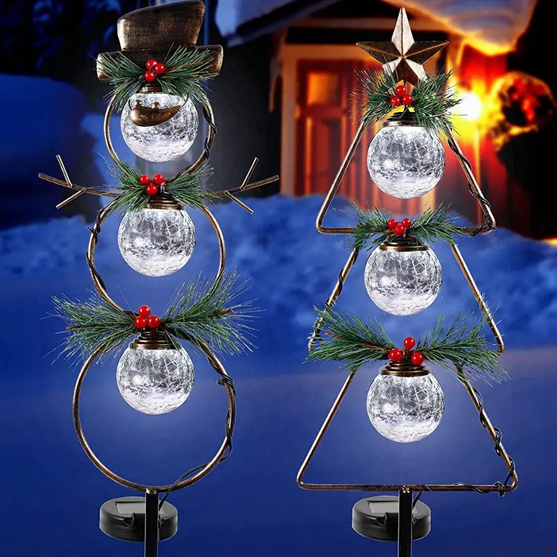 Luces LED solares de Navidad para exteriores, globo de cristal blanco frío, decoración de jardín de árbol y muñeco de nieve de Metal