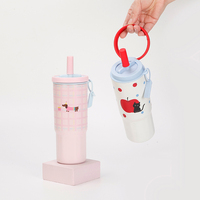 Gobelet isotherme réutilisable en acier inoxydable 304 de 580 ml, design animal mignon, avec couvercle à paille et anneau de transport, OEM&ODM