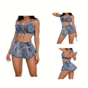 2024 New Summer Women's Casual Denim Set Halter Tube Top Pleated Hot <b>Shorts</b> Solid Pattern Washed Techniques 2-Piece <b>Shorts</b> Set - Product Image 1