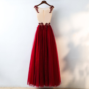 Burgundy Evening Gown Scoop Neck Floral Print Tulle Skirt Long Dress For Reunion Events - Product Image 4