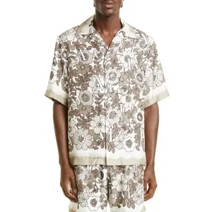 Vacation Hawaiian Shirt Set Allover Logo Short Sleeve Silk Camp Custom Printed Hawaiian Button Up Shirt For Men