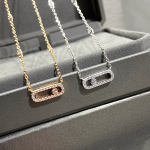 Collier en acier inoxydable or blanc avec diamant unique, serti pavé complet, pendentif diamant coulissant, chaîne de clavicule exquise - Product Image 3