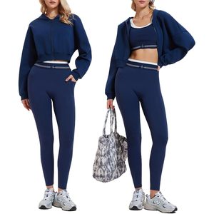Ensemble de survêtement deux pièces pour femme : sweat à capuche court zippé et leggings taille haute – Tenue de yoga décontractée et respirante en Spandex - Product Image 1