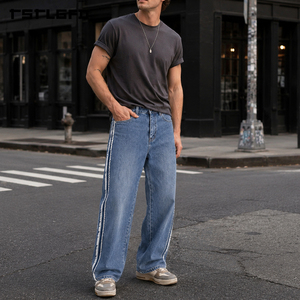 Pantalones vaqueros de pierna recta Cut And Sew Sawyer con flecos laterales, lavado vintage, efecto desgastado, estilo streetwear, venta al por mayor a granel - Product Image 4