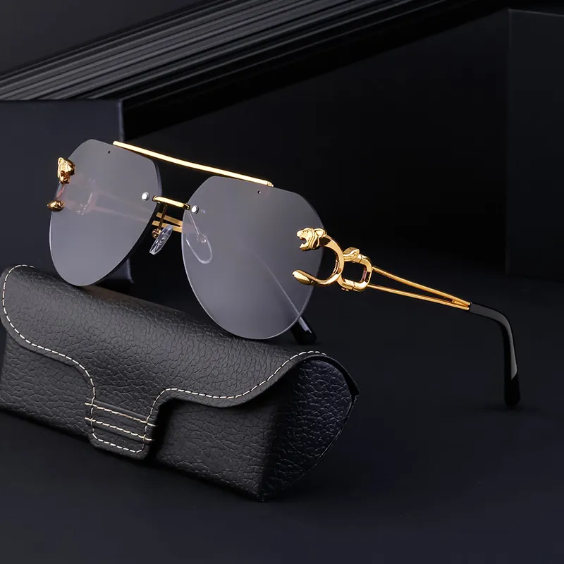 Partagas Retro Vintage Frameless Diamond Cut Shades Double Bridge Leopard Temples Aviation Sunglasses for Men 2023