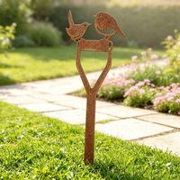 Ornement de jardin en métal rouillé, Robin et Moineau rustiques sur une pelle, pour la décoration de pelouse, patio et jardin extérieur