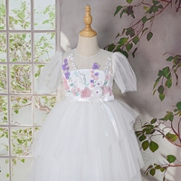 Robes de demoiselles d'honneur pour enfants, style occidental, col rond, manches courtes, appliques florales, tulle blanc, qualité de marque