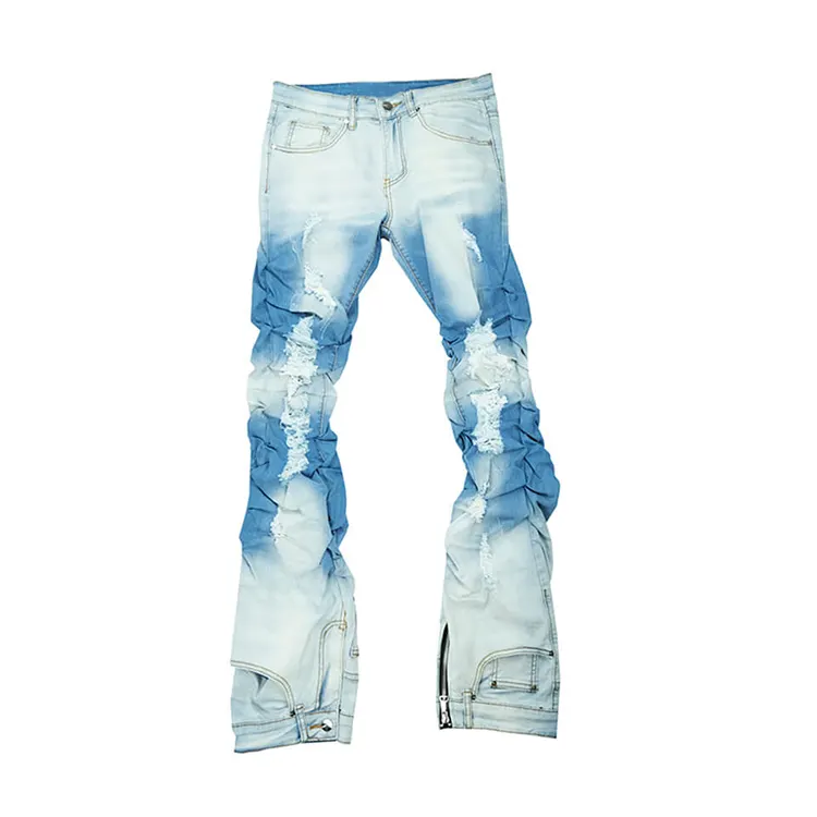 Street fashion washed denim pants design style stretch skinny fit jeans wholesale custom bell bottom stacked jeans men