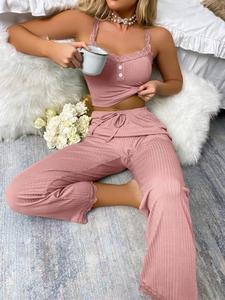 Conjunto Feminino Personalizável de Verão Transfronteiriço Casual de Duas Peças, Roupa de Casa Sexy para Mulheres, Calças de Renda com Alças, Pijama Liso - Product Image 6